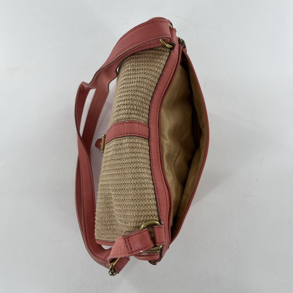 Rare Vintage Fossil Crossbody Messenger Straw & Leather Tablet Bag Pink Coral - Picture 9 of 16